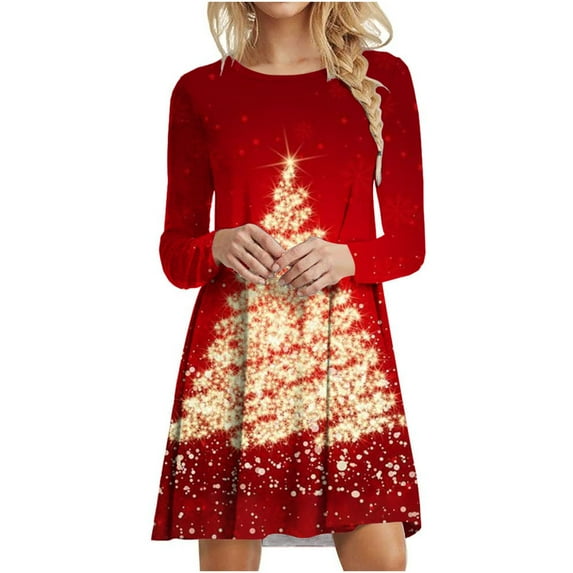 Lovskoo 2024 Women's Christmas Tunic Dress Fashion Xmas Tree Print Long Sleeve Round Neck T-Shirt Dress Red