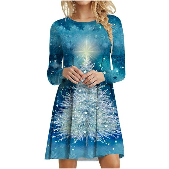 Lovskoo 2024 Women's Christmas Tunic Dress Fashion Xmas Tree Print Long Sleeve Round Neck T-Shirt Dress Sky Blue