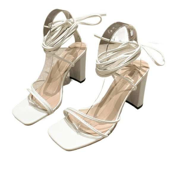 Lovskoo 2024 Women's Chunky Heel Sandals Open Toe Lace-Up Pumps Summer Squares Toe Lace Up High Heels Crossing Strap Walking Sandals for Women White