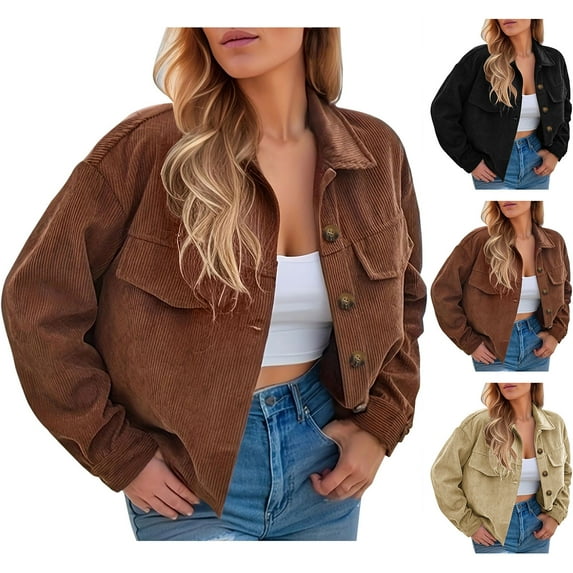 Lovskoo 2024 Women's Corduroy Shacket Shirt Jacket Fall Winter Solid Color Button Down Long Sleeve Coats Beige