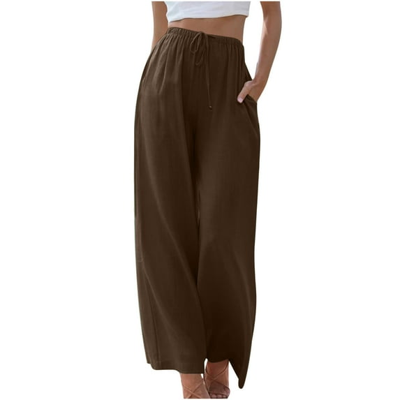 Lovskoo 2024 Women's Cotton Linen Pants Casual Solid Pants Comfortable Elastic High Waist Wide Leg Casual Full Length Pants Coffee