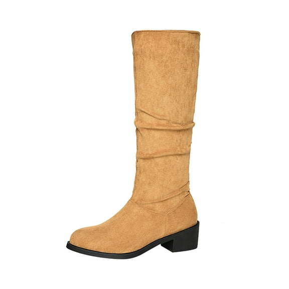 Lovskoo 2024 Women's Cowboy Boots Horse Riding Middle Mid Calf Boots Fall/Winter Thick Heel Slim Knight Boots Knee Length Slim Boots Yellow