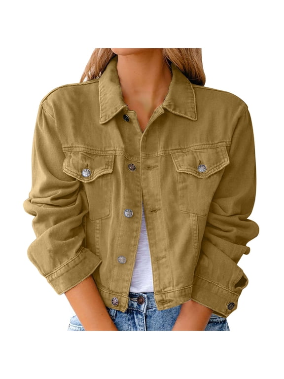 Women's Cropped Denim Jackets Button Up Long Sleeve Basic Trendy Trucker Jackets Khaki L