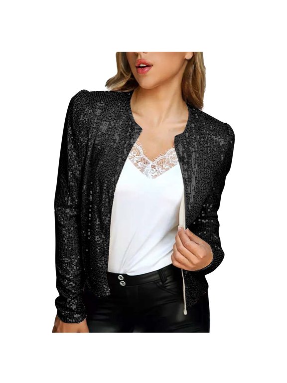 Women's Cropped Sequin Jacket Open Front Blazer Casual Long Sleeve Short Cardigan Spring Fall Jacket Coat Black