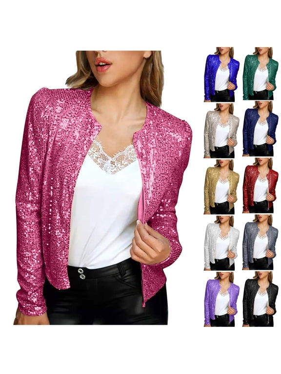 Women's Cropped Sequin Jacket Open Front Blazer Casual Long Sleeve Short Cardigan Spring Fall Jacket Coat Gold