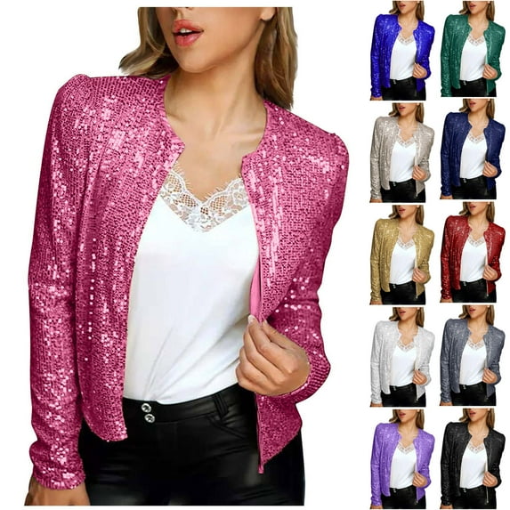 Lovskoo 2024 Women's Cropped Sequin Jacket Open Front Blazer Casual Long Sleeve Short Cardigan Spring Fall Jacket Coat Gold
