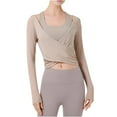 thumbnail image 1 of Lovskoo 2024 Women's Cross Wrap Front Dance Crop Tops Long Sleeve V-Neck Tie Waist Mesh Shirts Elegant Cropped Workout Tshirt with Sports Bra Two Piece Sets Khaki M, 1 of 4