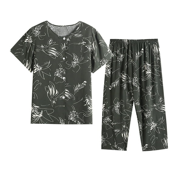 Gpaecead 2024 Women's Cute Sleepwear Tops with Capris Pants Pajama Sets Short Sleeve Cotton Linen Loungewear Two Piece Suit
