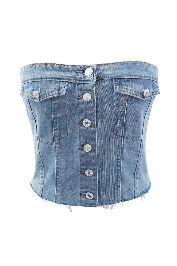 Lovskoo 2024 Women's Denim Corset Crop Top Button Front Strapless Tube Sleeveless Bandeau Bustier Top Light Blue L