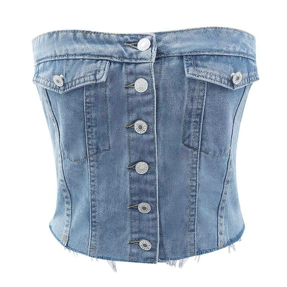 Lovskoo 2024 Women's Denim Corset Crop Top Button Front Strapless Tube Sleeveless Bandeau Bustier Top Light Blue M
