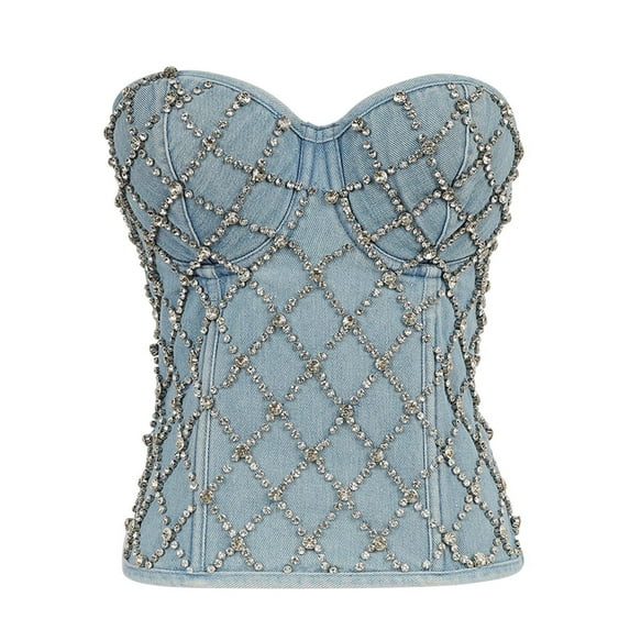 Lovskoo 2024 Women's Denim Rhinestone Corset Top Club Party Bodysuit Bustier Crop Top Bra Jean Top Blue L