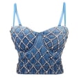 thumbnail image 1 of Lovskoo 2024 Women's Denim Rhinestone Corset Top Club Party Bodysuit Bustier Crop Top Bra Jean Top Blue L, 1 of 4