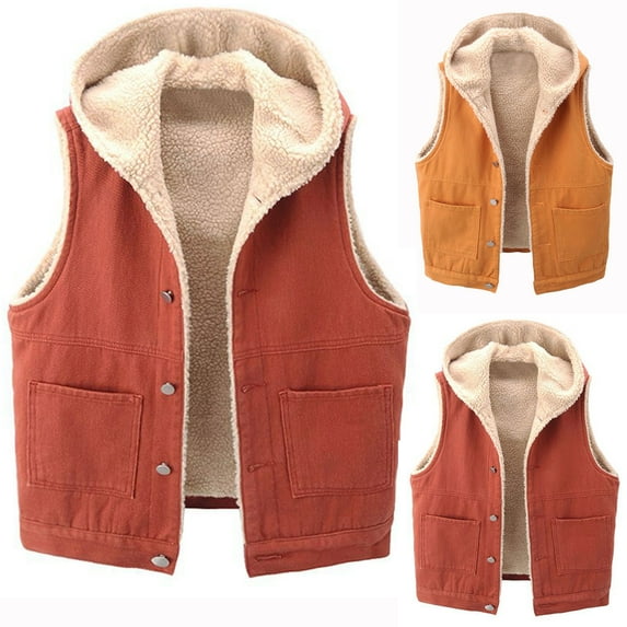 Lovskoo 2024 Women's Distressed Shearling Fleece Lined Denim Vest Hooded Winter Warm Loose Sleeveless Jean Waistcoat Yellow