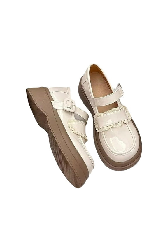 2024 Women's Dress Leather Shoes Platform Round-Toe French Vintage Mary Shoes Flat Shallow Mouth Gentle Patent Leather Spring Shoes White
