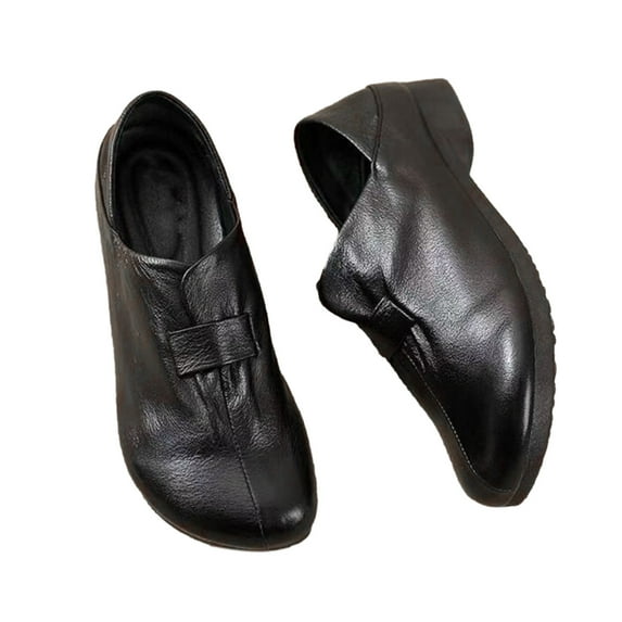 Lovskoo 2024 Women's Dress Leather Shoes Round Toe Slip-On Tassel Leather Top Platform Loafers Casual Comfortable Loafer Indoor Outdoor Black