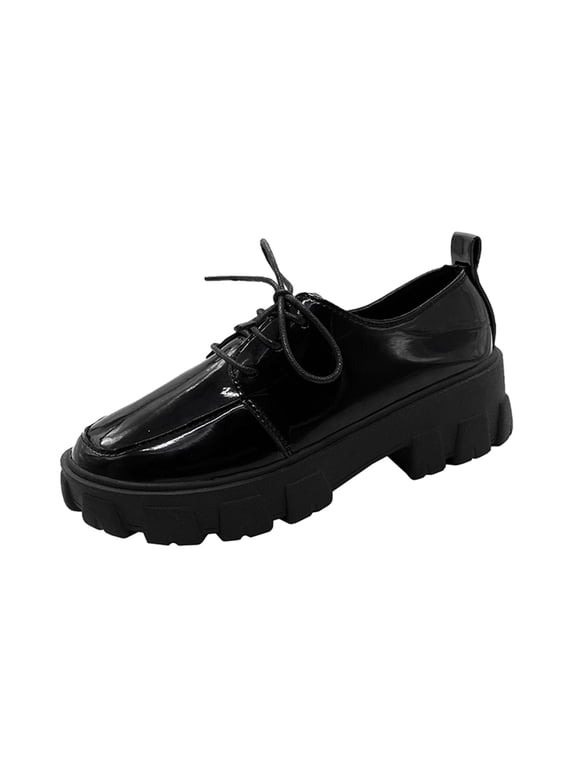 Women's Dress Leather Shoes Round Toe Small Leather Flat Heel Collision Ladies Single Water Frenum Proof Black