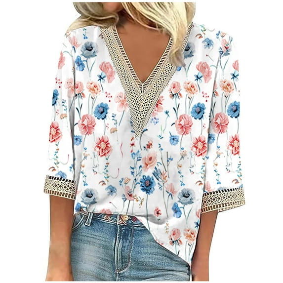 Lovskoo 2024 Women's Dressy Tops Summer Shirt Blouse Casual Loose 3/4 Sleeve Lace Trims Floral Print V Neck Tops Tops Shirts Tee White 2XL