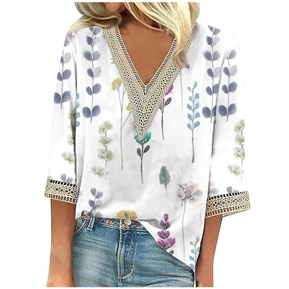 Lovskoo 2024 Women's Dressy Tops Summer Shirt Blouse Casual Loose 3/4 Sleeve Lace Trims Floral Print V Neck Tops Tops Shirts Tee White
