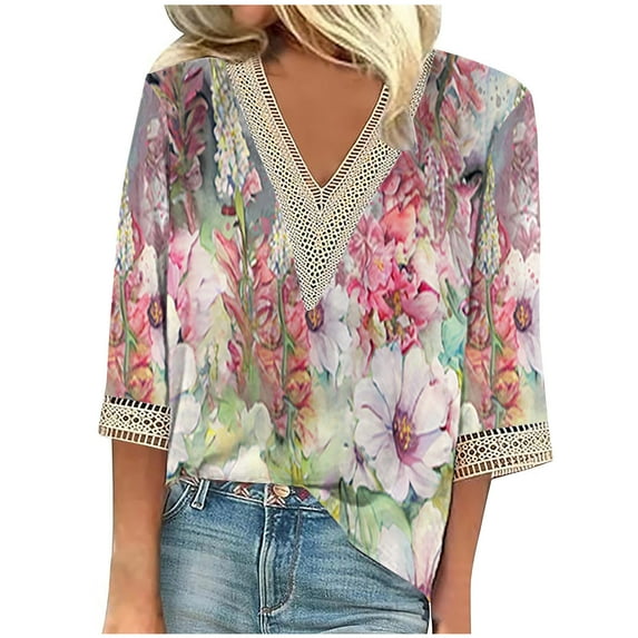 Lovskoo 2024 Women's Dressy Tops Summer Shirt Blouse Casual Loose 3/4 Sleeve Lace Trims Print V Neck Tops Tops Shirts Tee Multicolor 3XL