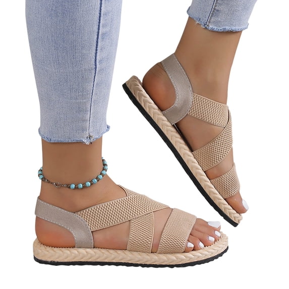 Lovskoo 2024 Women's Espadrille Sandals Summer Bohemian Shoes Strappy Open Toe Strap Flat Sole Roman Shoes Soft Sole Beach Sandals Beige
