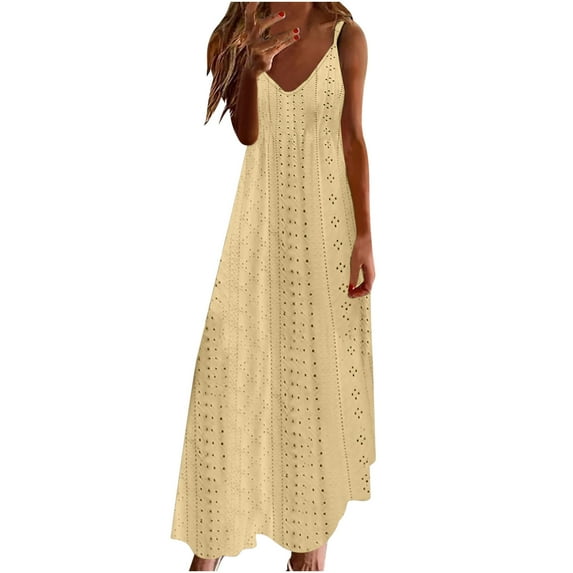 Lovskoo 2024 Women's Eyelet Sleeveless Summer Boho Dress V Neck Spaghetti Strap Hollow Out Casual Loose Waist Maxi Dresses Yellow 2XL