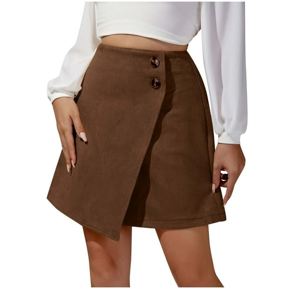 Lovskoo 2024 Women's Fall Winter Asymmetrical Short Skirt Casual High Waisted Solid Button Up Mini Skirt Brown-L
