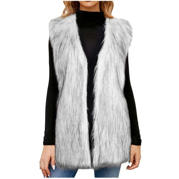 Lovskoo 2024 Women's Faux Fur Vest Sleeveless Short Jacket Winter Warm Fur Coat Waistcoat Outerwear for Women And Girls Gray