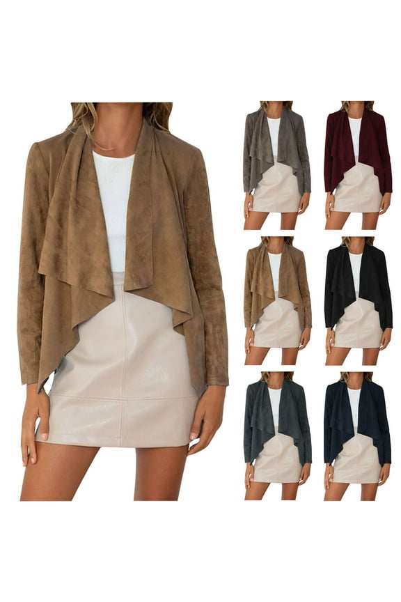 2024 Women's Faux Suede Jacket Open Front Lapel Draped Outwear Jacket Blazer Irregular Hem Long Sleeve Cardigan Gray