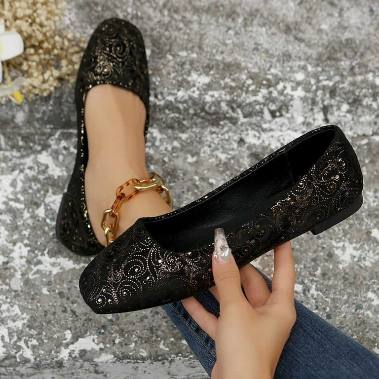 Lovskoo 2024 Women s Flats Shoes Square Toe Slip On Plus Size Spring Low Heel Embroidered Shoes Black Walmart