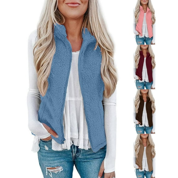 Lovskoo 2024 Women's Fleece Fuzzy Zip Up Vest Jacket Stand Collar Sleeveless Fluffy Outwear with Pockets Khaki