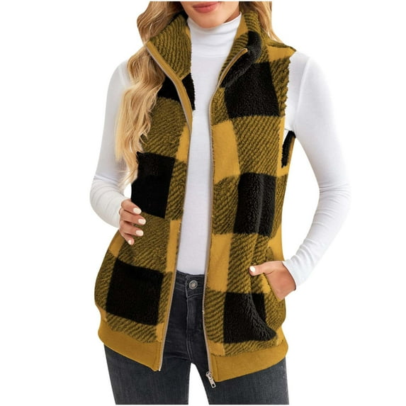 Lovskoo 2024 Women's Fleece Fuzzy Zip Up Vest Jacket Stand Collar Sleeveless Fluffy Outwear with Pockets Yellow