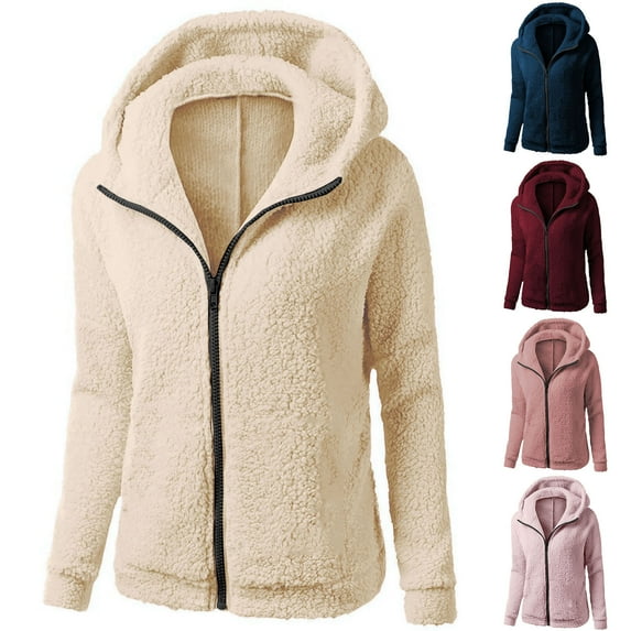 Lovskoo 2024 Women's Fleece Jacket Hooded Sweater Coat Winter Warm Wool Zipper Coat Cotton Coat Outwear Watermelon Red