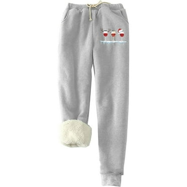 Lovskoo 2024 Women's Fleece Lined Pants Winter Warm Fashion Casual Christmas Printed Sweatpants High Waist Thick Long Pants Full Length Pants Leggings Gray