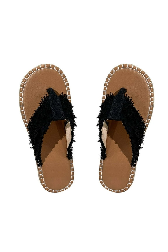 2024 Women's Flip-Flops Slides Casual Flat Straw Sandals Vintage Beach Sandals and Slippers Large Size Shoes Black