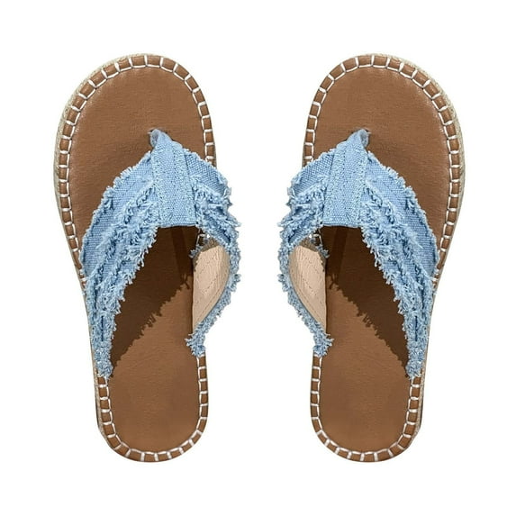 Lovskoo 2024 Women's Flip-Flops Slides Casual Flat Straw Sandals Retro Beach Sandals and Slippers Large Size Shoes Light Blue