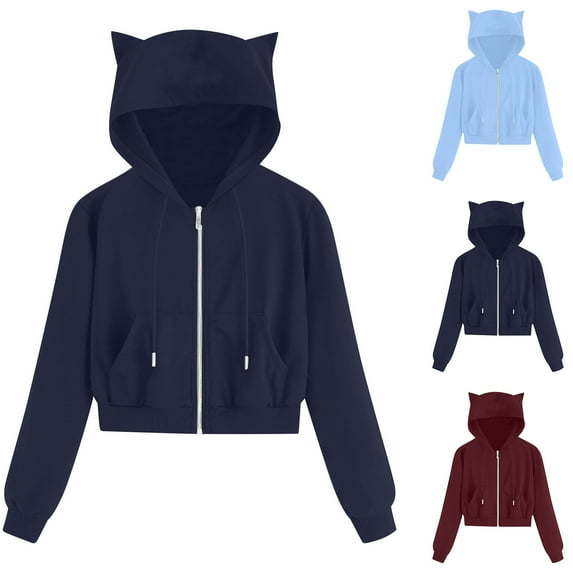 Lovskoo 2024 Women's Full Zip Sweatshirt Crop Hoodies Jacket Ear Cap Casual Long Sleeve Pocket Shirt Hooded Sweatshirt Tops Blue