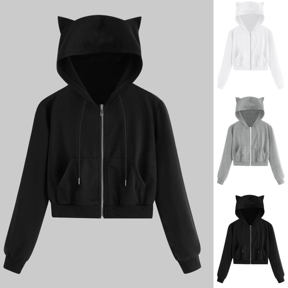 Lovskoo Women's Full Zip Sweatshirt Cute Crop Hoodies Jacket Ear Cap Casual Long Sleeve Pocket Shirt Hooded Sweatshirt Tops Black
