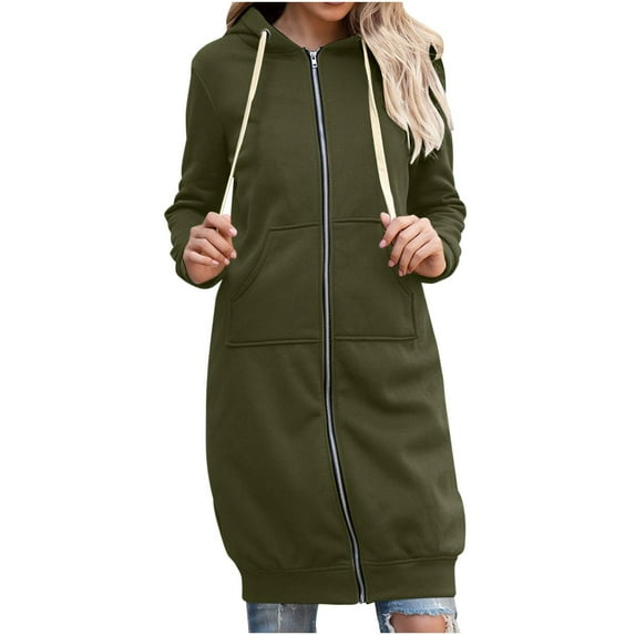 Lovskoo 2024 Women's Full Zip Sweatshirt Fleece Jacket Casual Solid Color Long Sleeve Cardigan Hooded Mid-Length Coat Olive Green