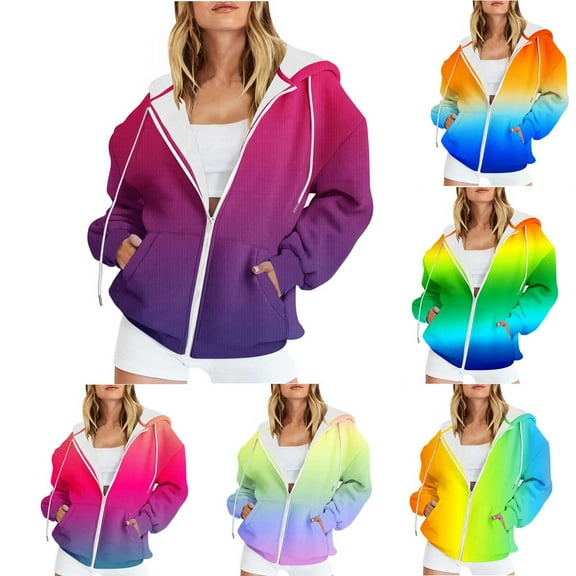 Lovskoo 2024 Women's Full Zip Sweatshirt Oversized Fleece Jacket Gradient Color-Block Printed Blouse Long Sleeve Tops Sweatshirt Pockets Hoodies Pink