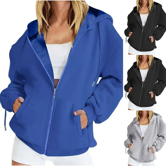 Lovskoo 2024 Women's Full Zip Sweatshirt Oversized Fleece Jacket V-Neck Tops Long Sleeve Hooded Blouse Sweatshirt Black