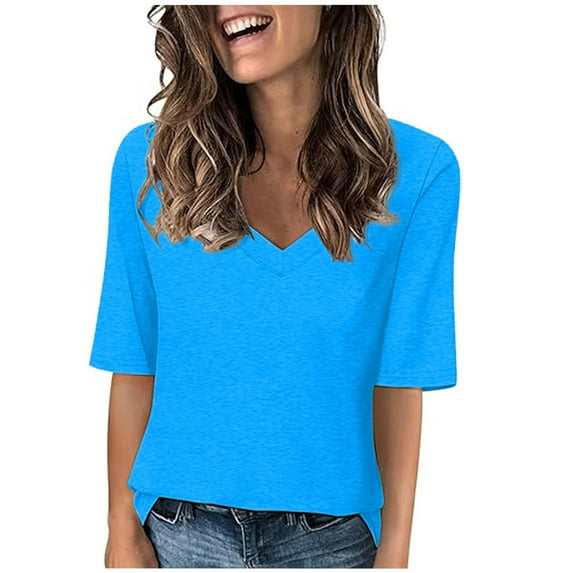 Lovskoo 2024 Women's Half Short Sleeve Summer Shirts V Neck Loose T Shirts Tops and Blouse Solid Color Tee Shirts Tunic Tops Casual Basic Blouses Sky Blue L