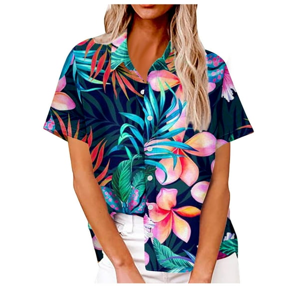 Lovskoo 2024 Women's Hawaiian Shirts Floral Button Summer Soft Short Sleeve Button Down Shirts Dark Blue XL