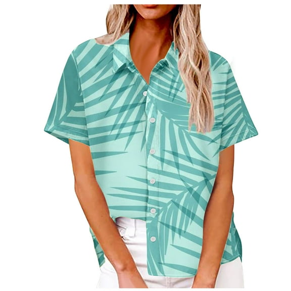 Lovskoo 2024 Women's Hawaiian Shirts Floral Button Summer Soft Short Sleeve Button Down Shirts Light Blue L