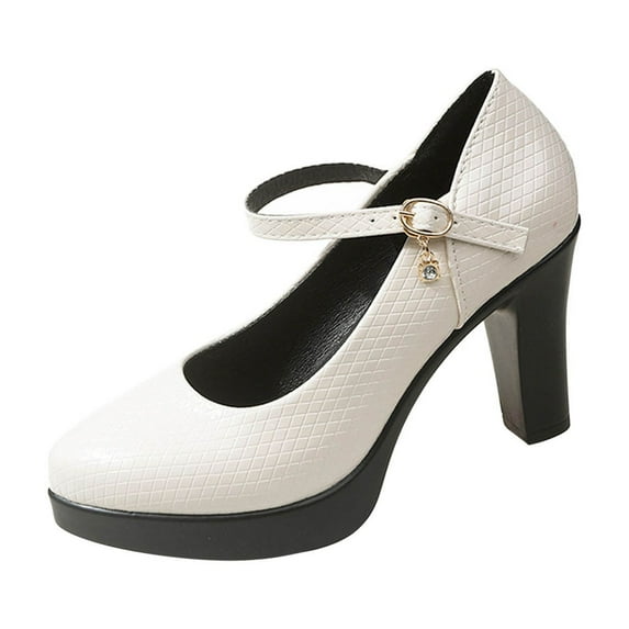 Lovskoo 2024 Women's High Chunky Platform Closed Toe Mary Shoes Block Heels Pointed Toe Strappy Dress Wedding Party Pumps Shoes Beige