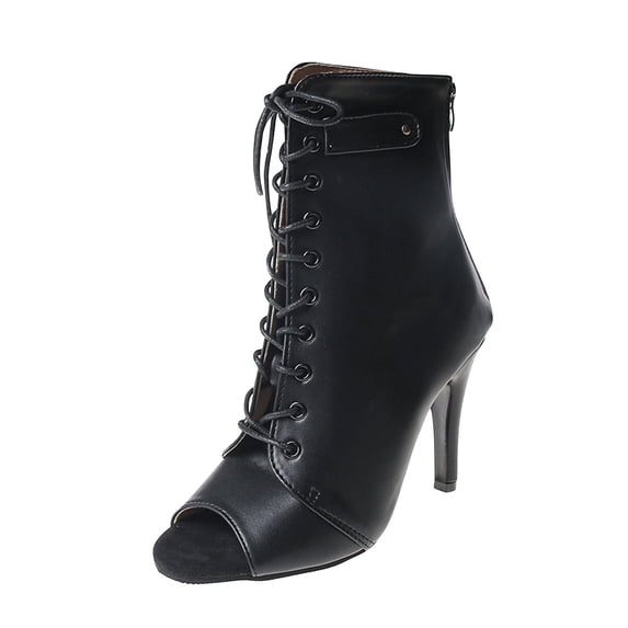 Lovskoo 2024 Women's High-Heels Mid Calf Boots Open Toe Dancing High Heel Sandals Lace Up Hollow Out Thin Heel Leather Booties Black