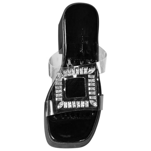 Lovskoo 2024 Women's High Heels Slides Open Toe Rhinestone Summer Platform Thick-Soled Backless Dress Slip on Mules Black