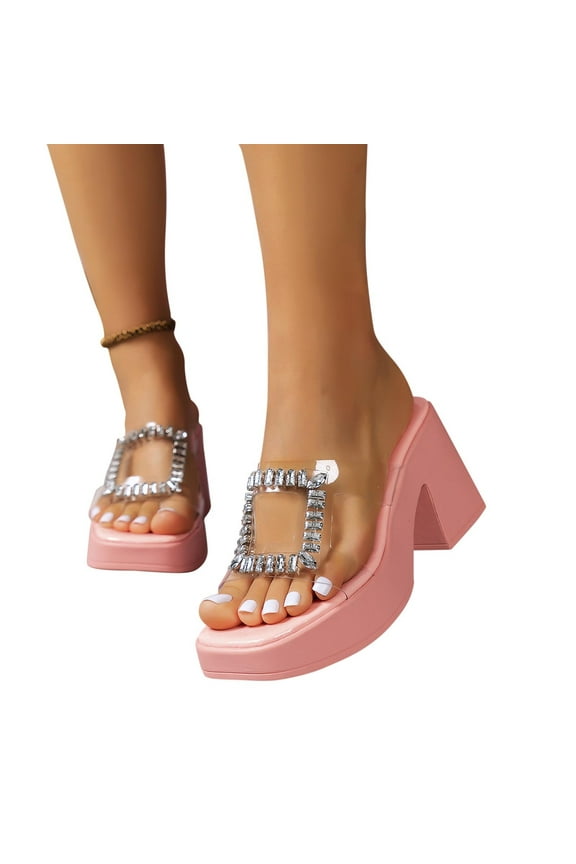 2024 Women's High Heels Slides Open Toe Rhinestone Summer Platform Thick-Soled Backless Dress Slip on Mules Pink
