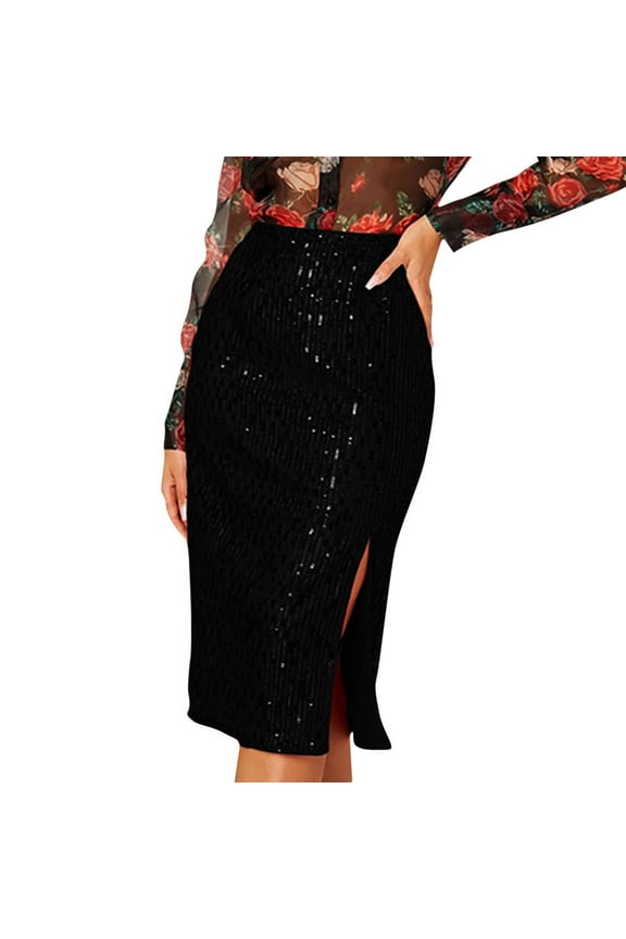 2024 Women's High Waist Sequin Skirt Front Slit Bodycon Fit Stretch Sparkly Rhinestone Work Midi Skirts Black