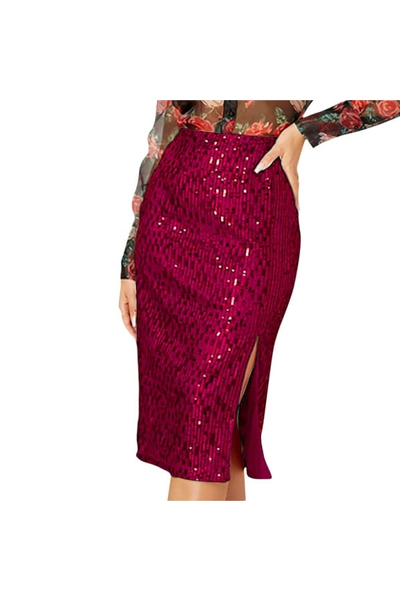 2024 Women's High Waist Sequin Skirt Front Slit Bodycon Fit Stretch Sparkly Rhinestone Work Midi Skirts Hot Pink