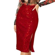LOVSKOO 2024 Women's High Waist Sequin Skirt Front Slit Bodycon Fit Stretch Sparkly Rhinestone Work Midi Skirts Red